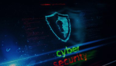 Siber güvenlik sembolü teknoloji konsepti. Arıza ekranındaki soyut imza 3d illüstrasyon.