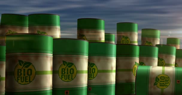 バイオ燃料グリーンとクリーンなエコ再生可能燃料バレルのコンセプト 持続可能なエネルギーとバイオディーゼルオイル産業用金属容器 — ストック動画