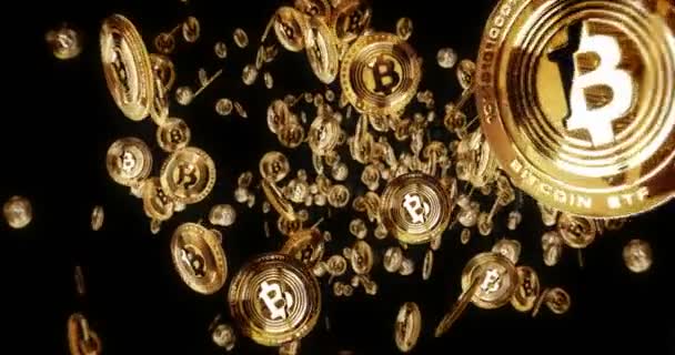 Bitcoin Etf Criptomoneda Btc Aislado Volando Entre Fondo Monedas Oro — Vídeo de stock