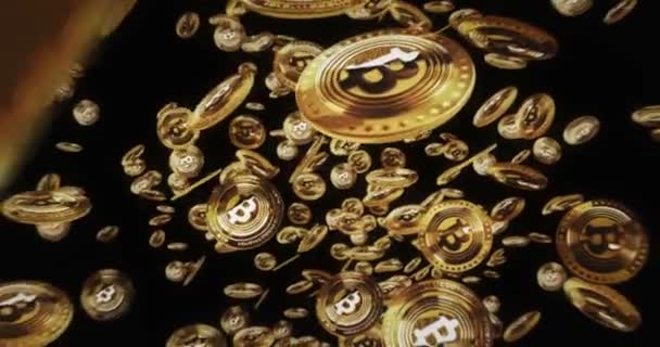 比特币Etf Btc加密货币在金币背景之间分离飞行 旋转的黄金金属硬币循环抽象概念模式 可浏览和无缝3D动画 — 图库视频影像