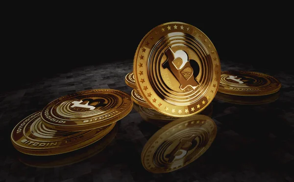 ビットコインEtf Btc グリーンスクリーンの背景に仮想通貨の金貨 抽象概念3Dイラスト ロイヤリティフリーのストック写真