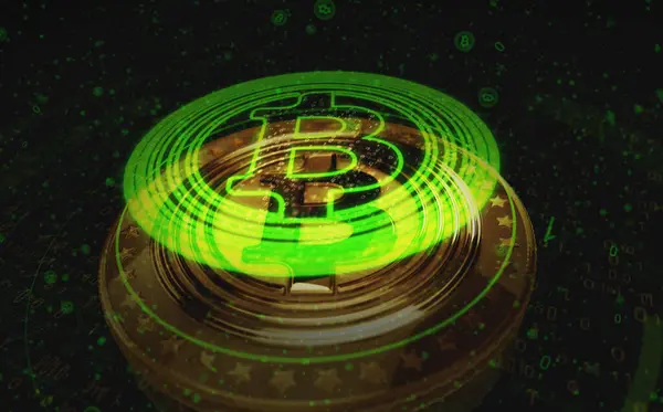 Bitcoin Etf Btc Kryptoměna Zlatá Mince Zeleném Pozadí Obrazovky Abstraktní Stock Obrázky