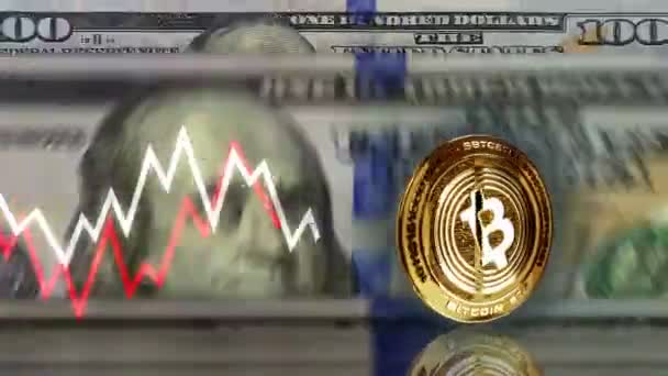 Bitcoin Etf Btc Criptomoneda Moneda Oro Más 100 Billetes Dólar — Vídeos de Stock