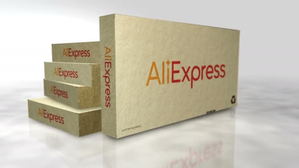 ポズナン ポーランド 2024 Aliexpressアリババグループオンライン小売ボックス Eビジネス中国企業 ダンボールパック抽象概念アニメーション カメラが動いている3Dビュー — ストック動画