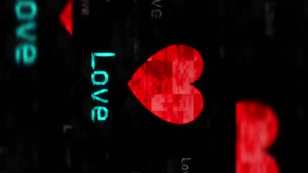 縦のビデオ 愛の心のロマンチックなシンボル技術のループの概念 グリッチスクリーン上の抽象サイン シームレスでループ — ストック動画