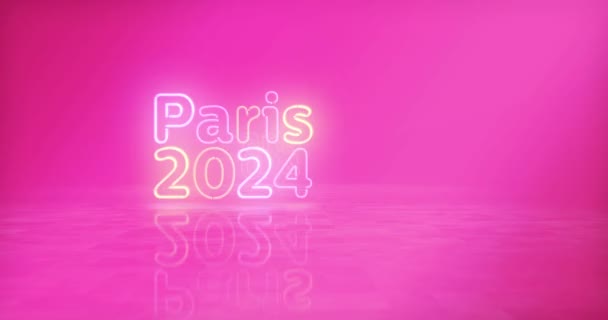 Neonowy Symbol Paryża 2024 Żarówki Kolorowe Igrzyska Olimpijskie Francja Abstrakcyjny — Wideo stockowe