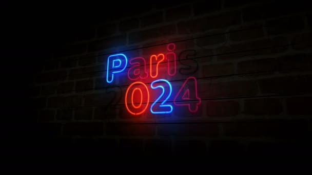 レンガ壁のパリ2024ネオンシンボル オリンピック ゲーム フランス ライトカラー 電球抽象概念 — ストック動画
