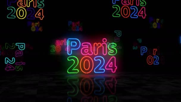 Paryż 2024 Neon Świecący Symbol Żarówki Kolorowe Igrzyska Olimpijskie Francja — Wideo stockowe