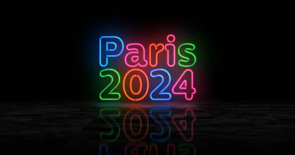 パリ2024ネオンシンボル オリンピック フランスライトカラーバルブ 抽象概念3Dイラスト ストックフォト