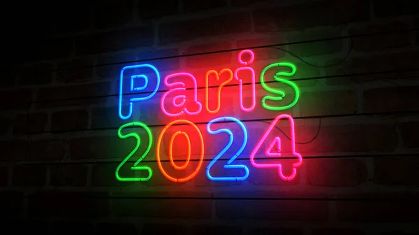 Simbol Neon Paris 2024 Jocuri Olimpice Franța Becuri Culoare Deschisă fotografii de stoc fără drepturi de autor