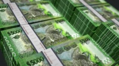Guyana parası Guyanese doları 3D animasyon döngüsü. Döngüsüz finans, nakit, ekonomi, iş ve banka kavramı. Kamera 5000 GYD banknot destesi üzerinde hareket ediyor.