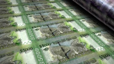 Guyanese dolar para basma 3D illüstrasyon. 5000 GYD banknot baskısı. Guyana 'da finans, nakit, ekonomi krizi, iş başarısı, durgunluk, banka, vergi ve borç kavramı.
