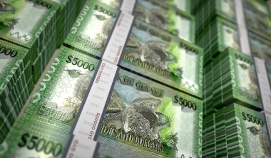 Guyana parası Guyanese doları para 3D resim paketi. 5000 GYD banknot destesi. Maliye, nakit, ekonomi krizi, iş başarısı, durgunluk, banka, vergi ve borç kavramı.
