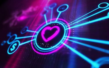 Kalp aşkı ve romantik dijital sembol. Ağ, siber teknoloji işareti ve bilgisayar arkaplan soyut 3d resimleme.