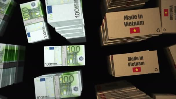 Tillverkad Vietnam Box Linje Med Euro Pengar Bunt Stackar Export — Stockvideo