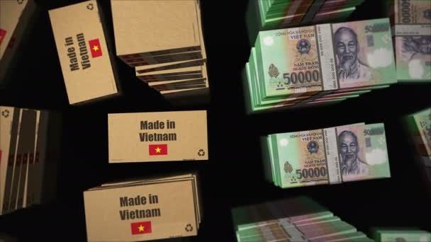 Vyrobeno Vietnamu Řady Balíčky Peněz Dong Vývoz Obchod Dodávky Výroba — Stock video