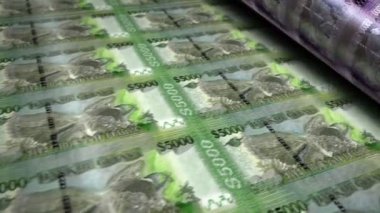Guyana parası Guyanese doları para basma makinesi döngüsü. Kağıt 5000 GYD banknot baskısı 3D döngü kusursuz. Soyut bankacılık, finans, ekonomi ve kriz kavramı.