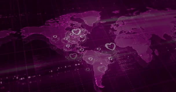 世界地図上のハート愛とロマンチックなシンボル シームレスループ技術コンセプト — ストック動画