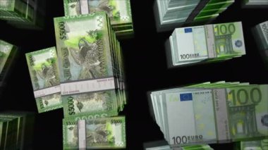 Euro ve Guyana parası Guyanese dolar değişimi. Kağıt banknotlar tomar tomar. Ticaret, ekonomi, rekabet, kriz, bankacılık ve finans kavramı. Döngüsüz 3D canlandırma notaları.