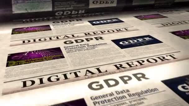Gdprの一般的なデータ保護規制 毎日の新聞ロール印刷 抽象概念 レトロ ヘッドライン シームレスなループ — ストック動画