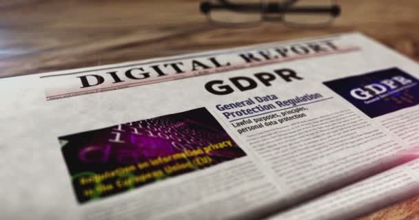 Gdpr一般データ保護規制日刊紙をテーブルに載せました ニュース抽象コンセプト3Dの見出し — ストック動画