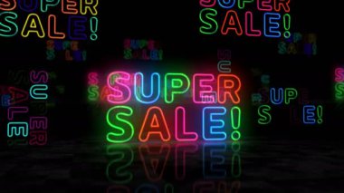 Süper Satış Neon Parlak Sembolü. Renkli ampuller. Özel teklif ve indirim tanıtımı soyut kavram 3D animasyon.
