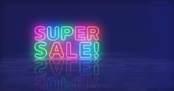 超级销售霓虹灯的标志 浅色灯泡 特价和折扣促销抽象无缝和易漏洞的概念 3D穿越隧道动画 — 图库视频影像