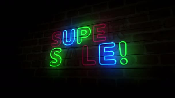 超级销售霓虹灯的标志在砖墙上 特价和折扣促销浅色灯泡抽象概念 — 图库视频影像