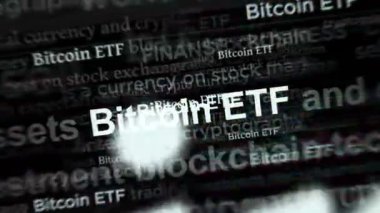 Bitcoin ETF BTCETF yatırım fonu uluslararası medyada manşet haber oldu. Gürültü görüntüleme döngüsündeki haber başlıkları kavramı. TV arıza efekti pürüzsüz ve döngülü.