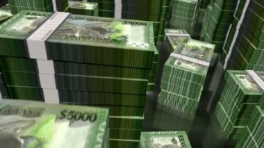 Guyana parası Guyanese dolarları paket döngüsü. 5000 GYD 'den fazla 3D uçuş kule yığını. Döngüsüz, soyut iş dünyası, ekonomi krizi ve finans kavramı.