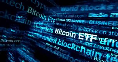 Bitcoin ETF BTCETF fon yatırım başlığı uluslararası medya soyut kavram döngüsü başlığı altında. Kusursuz ve döngülü 3D canlandırma.