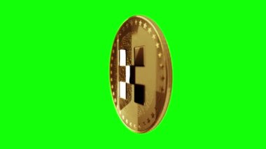 OKX OKB kripto para birimi yeşil ekran döngüsü üzerinde altın madeni parayı izole etti. Dönen altın metal döngüsü soyut kavram. 3B döngü kusursuz canlandırma.