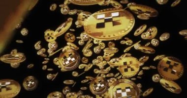 OKX OKB kripto para birimi altın paraların arasında uçuyor. Dönen altın metal madeni paralar soyut kavram kalıplarını döndürür. Döngüsüz ve pürüzsüz 3d canlandırma.