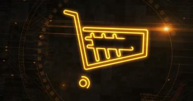 Alışveriş arabası çevrimiçi perakende ve internet satış sembolü dijital konsept. Siber teknoloji ve bilgisayar arkaplanı 3 boyutlu. Kusursuz ve döngüsüz.