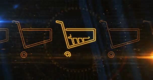ショッピングカート オンライン小売およびインターネット販売のシンボル抽象的なデジタル概念 サイバーテクノロジーとコンピュータバックグラウンドラインはシームレスでループされたアニメーション — ストック動画