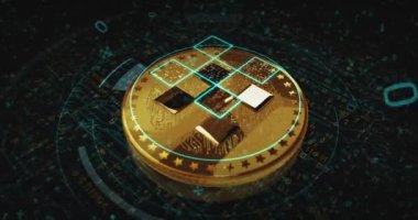 OKX OKB kripto para birimi altın paralar dönüyor. Kamera 3 boyutlu metal parlaklıklar etrafında döner. Fintech, çevrimiçi ödeme ve dijital işlem soyut kavramı.