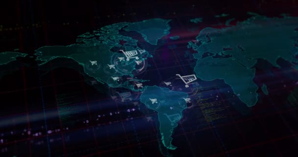 Dünya Haritasında Alışveriş Arabası Çevrimiçi Perakende Internet Satış Sembolleri Kusursuz — Stok video