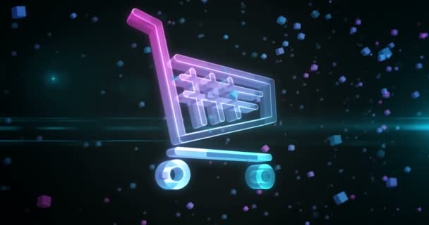 ショッピングカートオンライン小売およびインターネット販売シンボルデジタル抽象概念ホログラフィックガラス サイバー技術とコンピュータ背景3Dオブジェクト — ストック動画