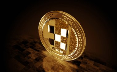 OKX OKB şifreleme altın sikkesi yeşil ekran arka planında. Soyut konsept 3d illüstrasyon.