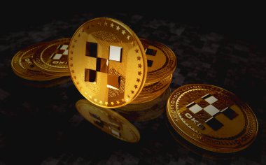 OKX OKB şifreleme altın sikkesi yeşil ekran arka planında. Soyut konsept 3d illüstrasyon.