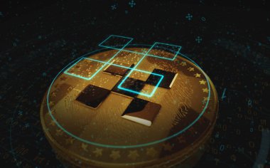 OKX OKB şifreleme altın sikkesi yeşil ekran arka planında. Soyut konsept 3d illüstrasyon.