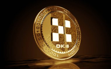 OKX OKB şifreleme altın sikkesi yeşil ekran arka planında. Soyut konsept 3d illüstrasyon.