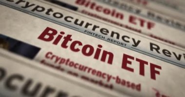 Spot Bitcoin ETF BTCETF kripto para birimi yatırımı günlük gazete baskısı. Soyut konsept retro başlıklar 3d kusursuz döngülenmiş.