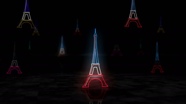Torre Eiffel Símbolo Brilhante Néon Lâmpadas Cor Clara Paris França — Vídeo de Stock