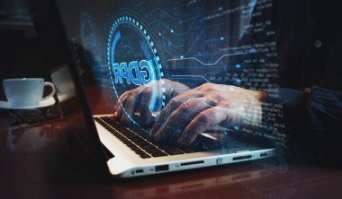 GDPR genel veri koruma düzenleme sembolü ve bilgisayarda klavye yazan adam. Eller dizüstü bilgisayarda. Ağ, siber teknoloji soyut kavram 3D illüstrasyon.