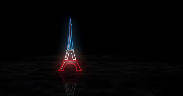 埃菲尔铁塔的霓虹灯符号 浅色灯泡 法国巴黎象征着抽象 易碎的概念 3D穿越隧道动画 — 图库视频影像