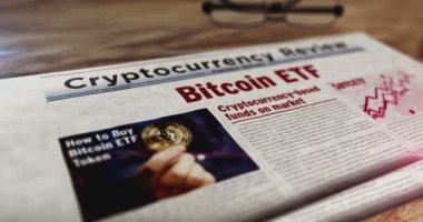 Spot Bitcoin ETF BTCETF kripto para birimi yatırım gazetesi masada. Manşetler soyut kavram 3D.