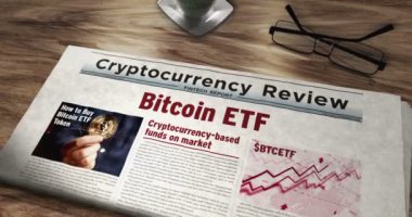 Spot Bitcoin ETF BTCETF kripto para birimi yatırım gazetesi masada. Manşetler soyut kavram 3D.