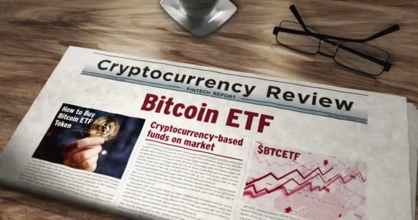 Spot Bitcoin Etf Btcetf Cripto Moneda Inversión Diario Periódico Mesa — Vídeo de stock
