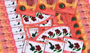Nikaragua Cordoba banknotları nakit fan mozaik model döngüsünde. Nikaragua 'dan 500 dolar. Soyut banka, finans, ekonomi dekoratif tasarım konsepti 3d illüstrasyon.
